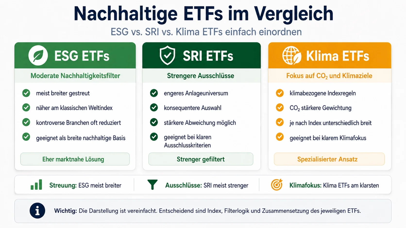 Nachhaltige ETFs im Vergleich: ESG, SRI und Klima ETFs nach Filterlogik, Streuung und Klimafokus