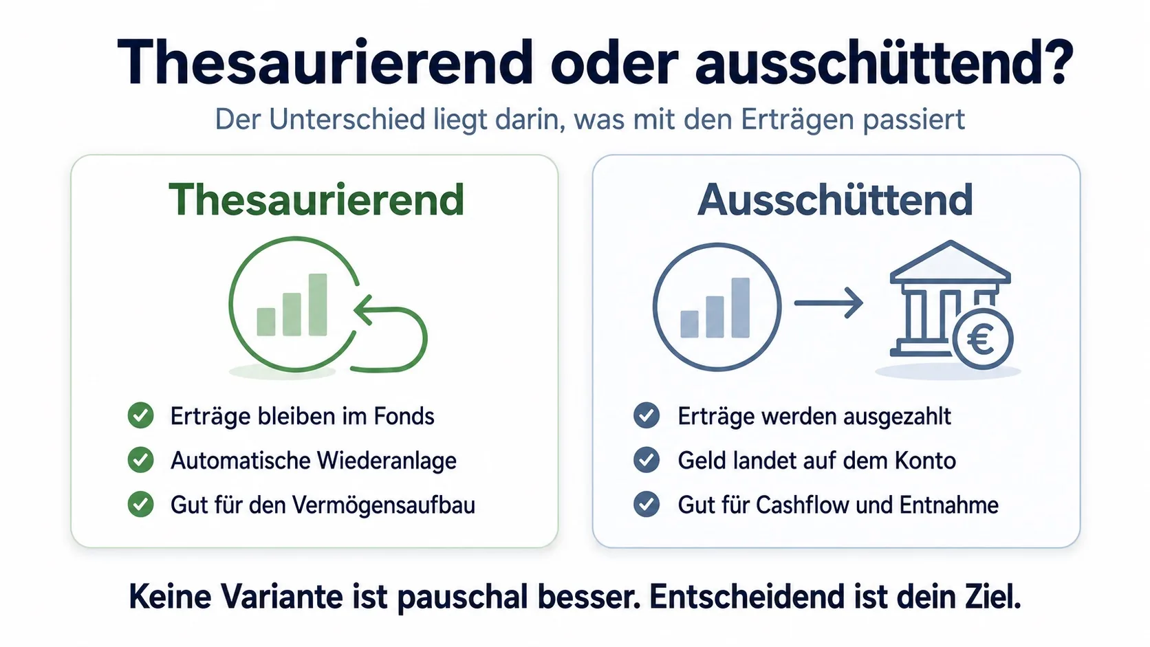 Vergleich thesaurierend und ausschüttend: Bei thesaurierenden ETFs bleiben Erträge im Fonds, bei ausschüttenden werden sie aufs Konto ausgezahlt