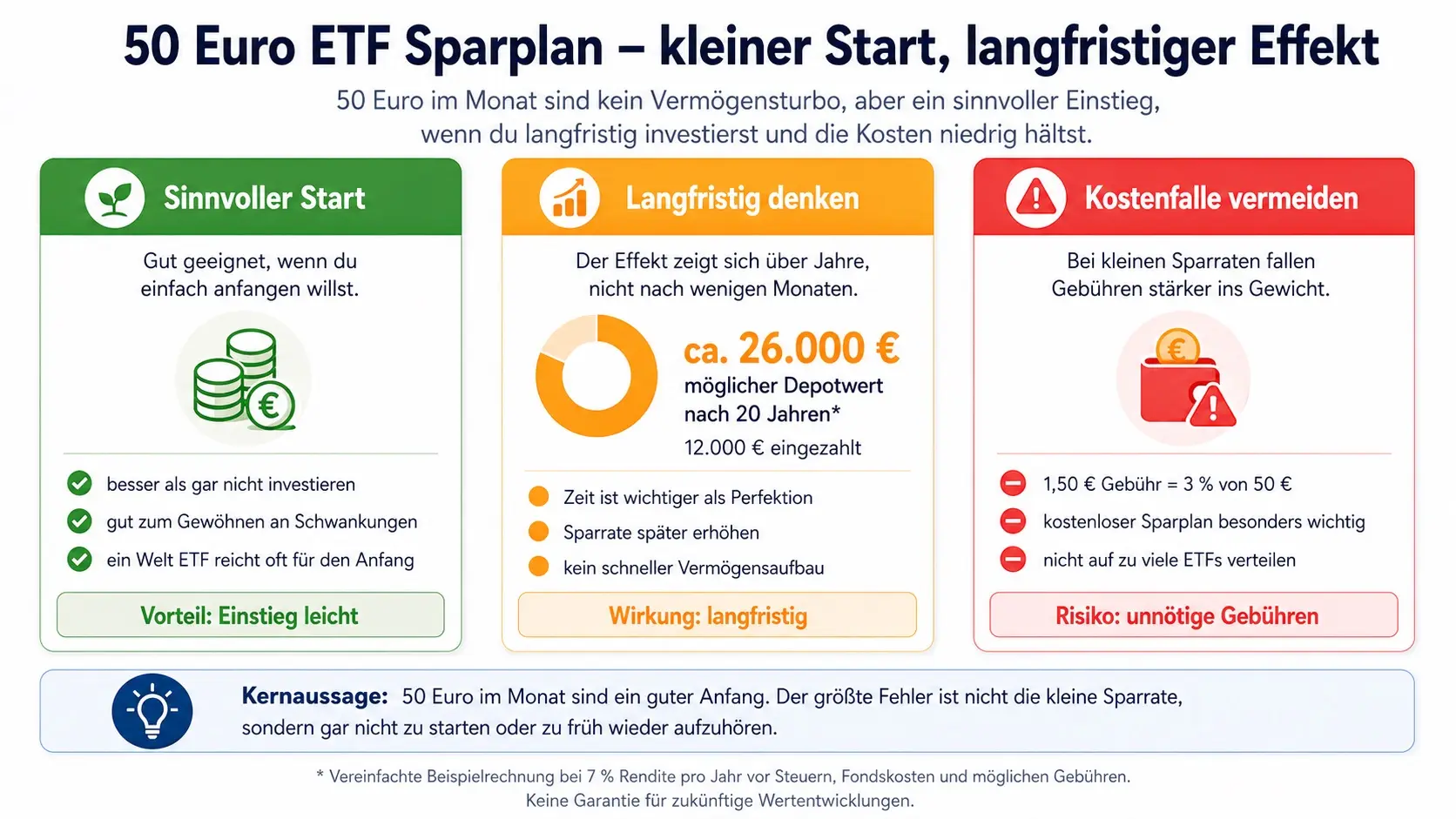 Infografik zum 50 Euro ETF Sparplan mit Beispielrechnung, langfristigem Effekt und Kostenhinweis bei kleinen Sparraten