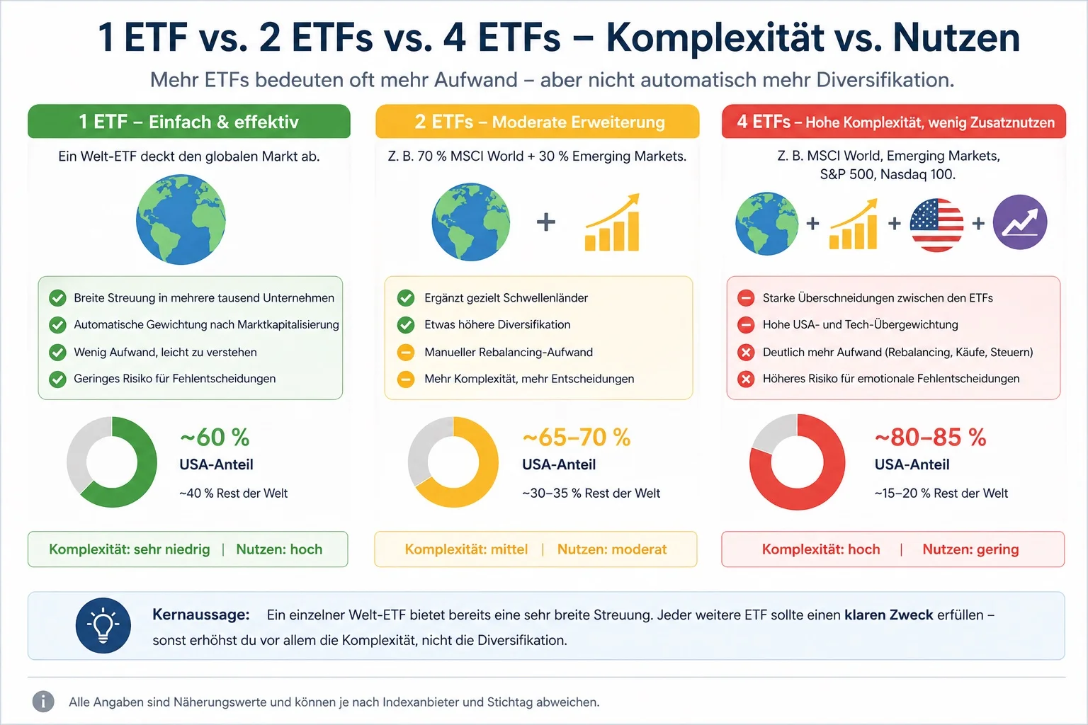 Vergleich von 1 ETF, 2 ETFs und 4 ETFs nach Streuung, Aufwand und typischen Überschneidungen im Portfolio.