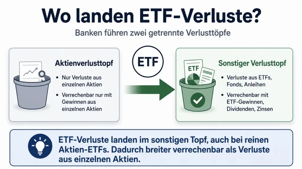 Vergleich Aktienverlusttopf und sonstiger Verlusttopf – ETF-Verluste landen im sonstigen Verlusttopf und sind breiter verrechenbar als Verluste aus einzelnen Aktien